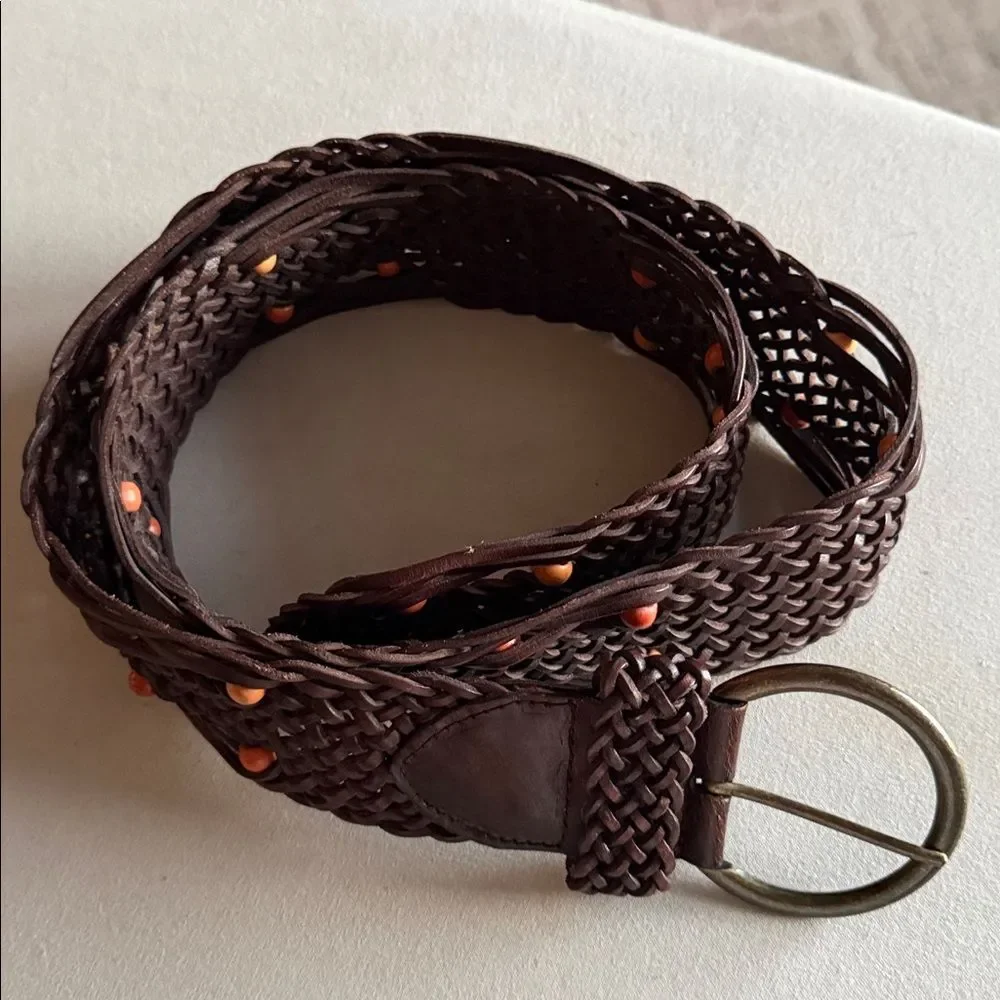 Vintage Ann Taylor LOFT Woven Leather Belt Brown Size L Boho Brass Buckle